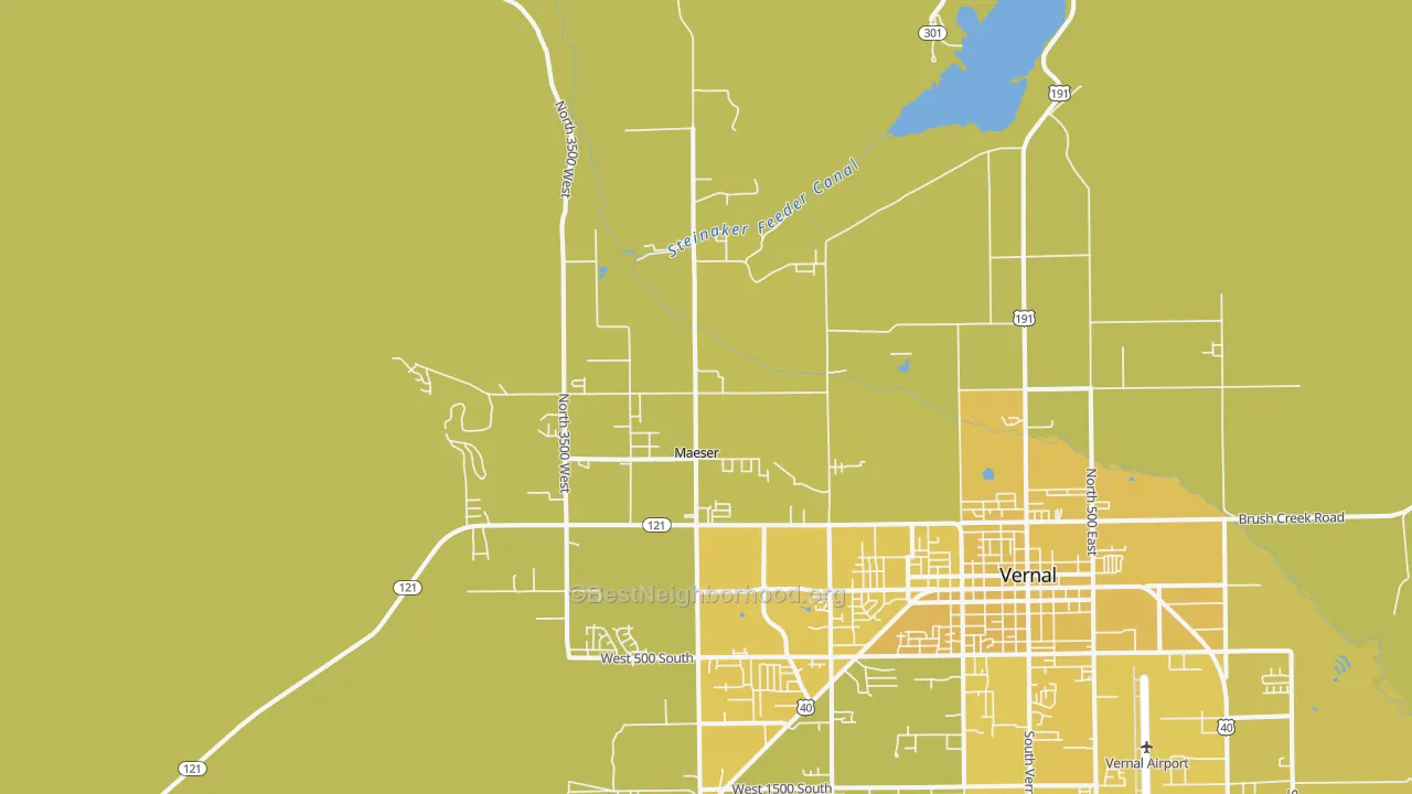 Map of the best neighborhoods in the Maeser area, with better matches in green and worse matches in red