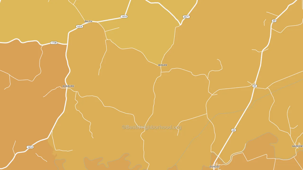Map of the best neighborhoods in the Magan area, with better matches in green and worse matches in red