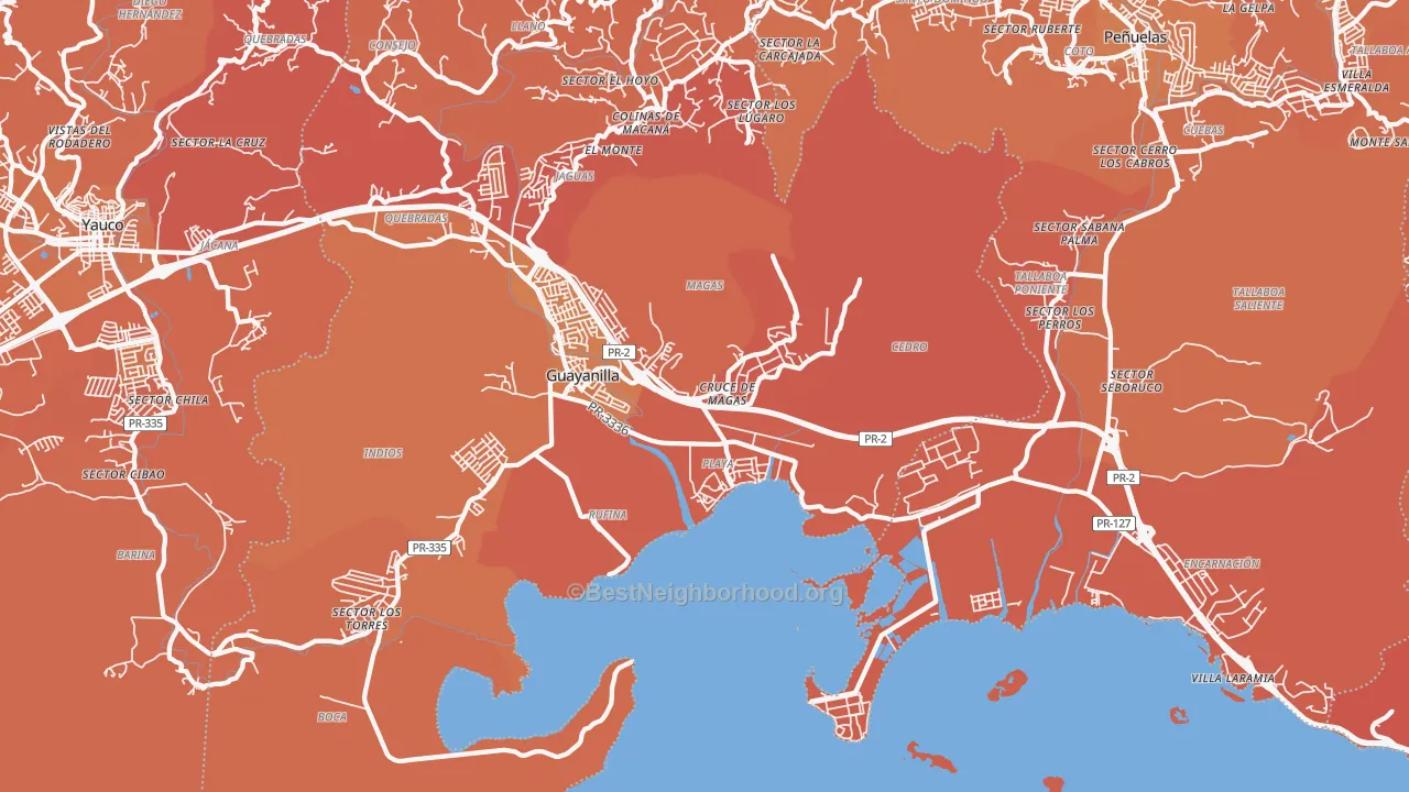 Map of the best neighborhoods in the Magas Arriba area, with better matches in green and worse matches in red