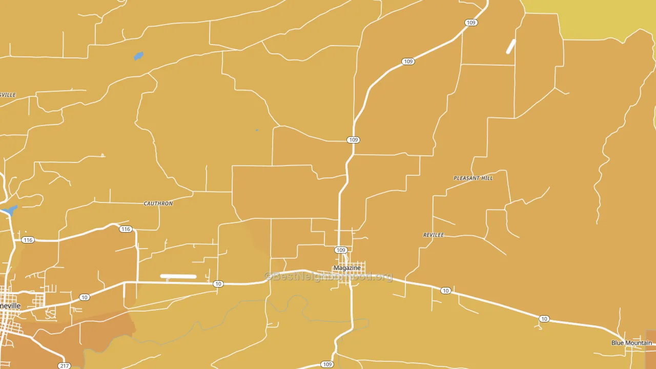 Map of the best neighborhoods in the Magazine area, with better matches in green and worse matches in red