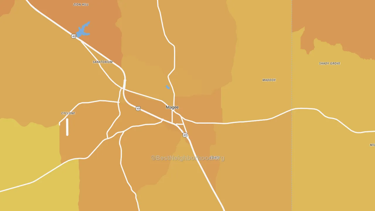 Map of the best neighborhoods in the Magee area, with better matches in green and worse matches in red