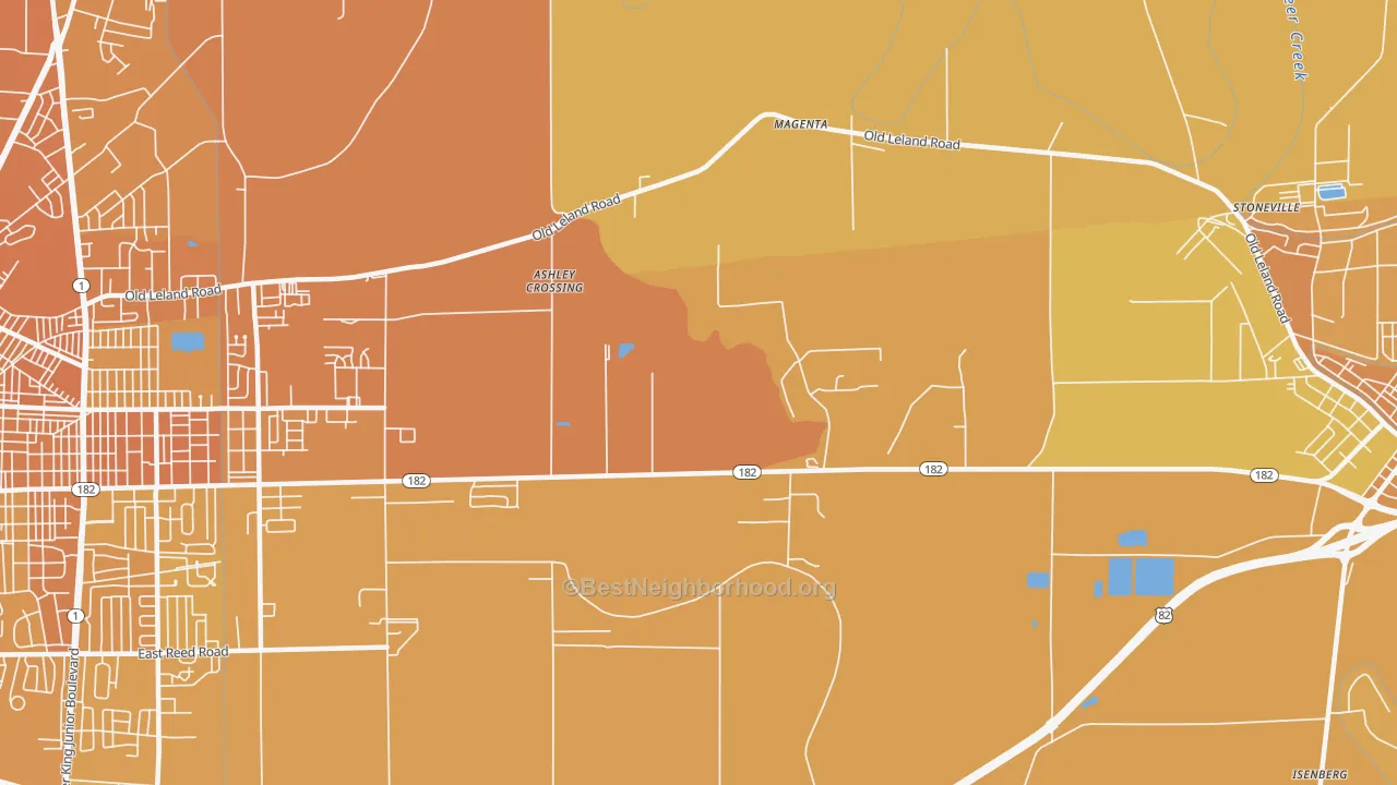 Map of the best neighborhoods in the Magenta area, with better matches in green and worse matches in red