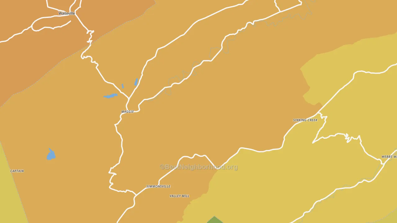Map of the best neighborhoods in the Maggie area, with better matches in green and worse matches in red
