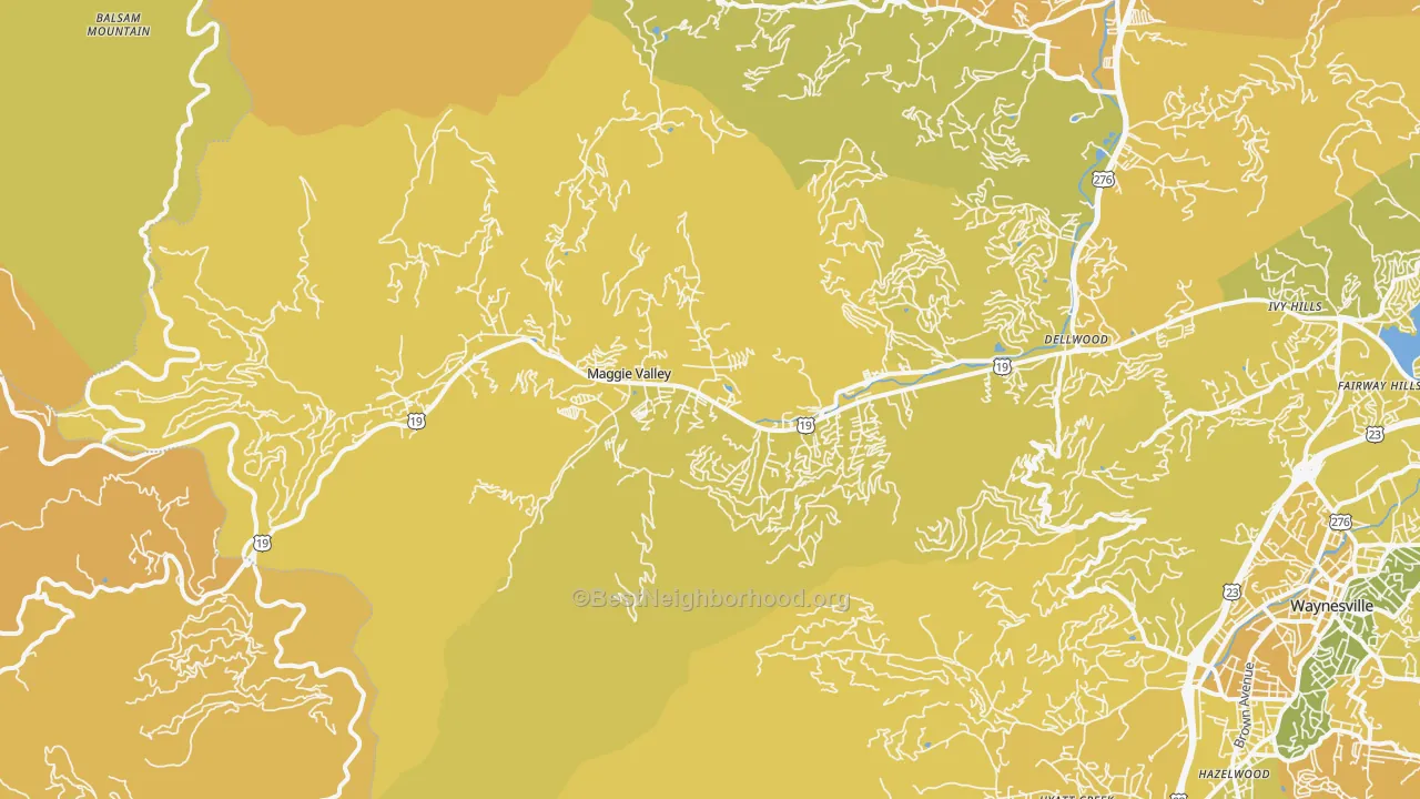 Map of the best neighborhoods in the Maggie Valley area, with better matches in green and worse matches in red
