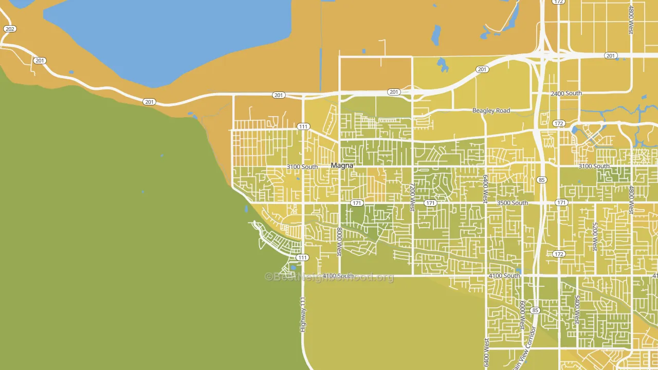 Map of the best neighborhoods in the Magna area, with better matches in green and worse matches in red