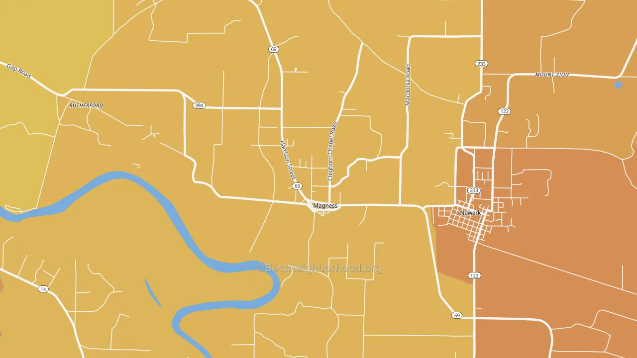 Map of the best neighborhoods in the Magness area, with better matches in green and worse matches in red