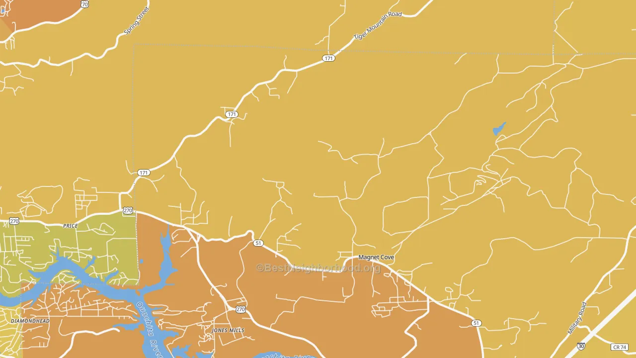 Map of the best neighborhoods in the Magnet Cove area, with better matches in green and worse matches in red