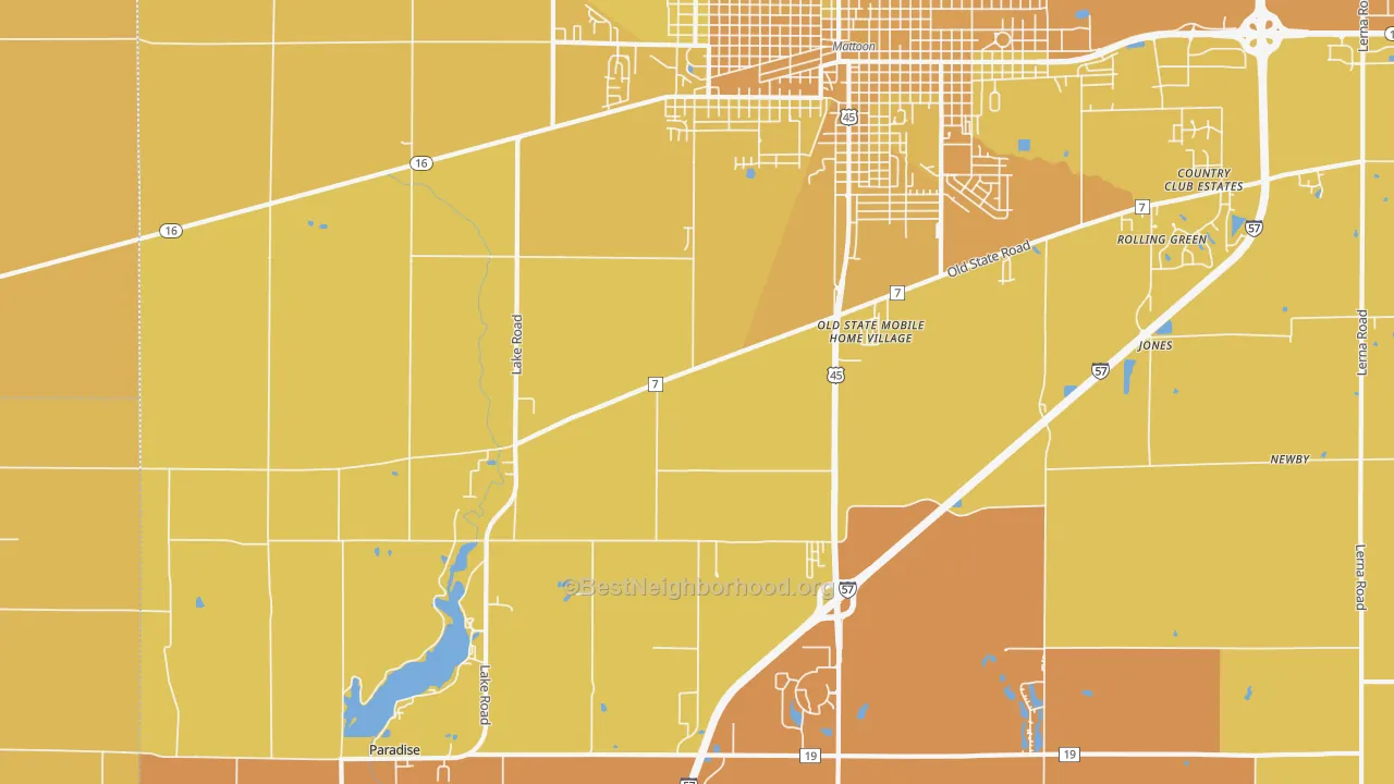 Map of the best neighborhoods in the Magnet area, with better matches in green and worse matches in red