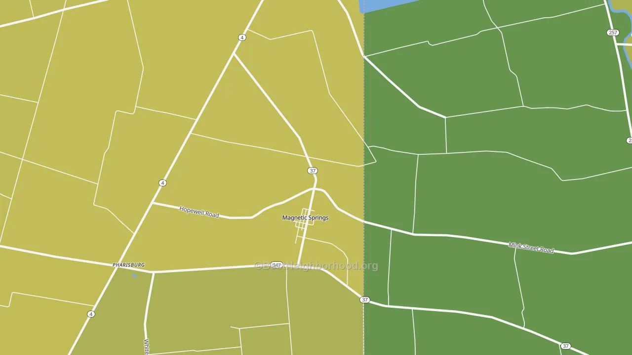 Map of the best neighborhoods in the Magnetic Springs area, with better matches in green and worse matches in red
