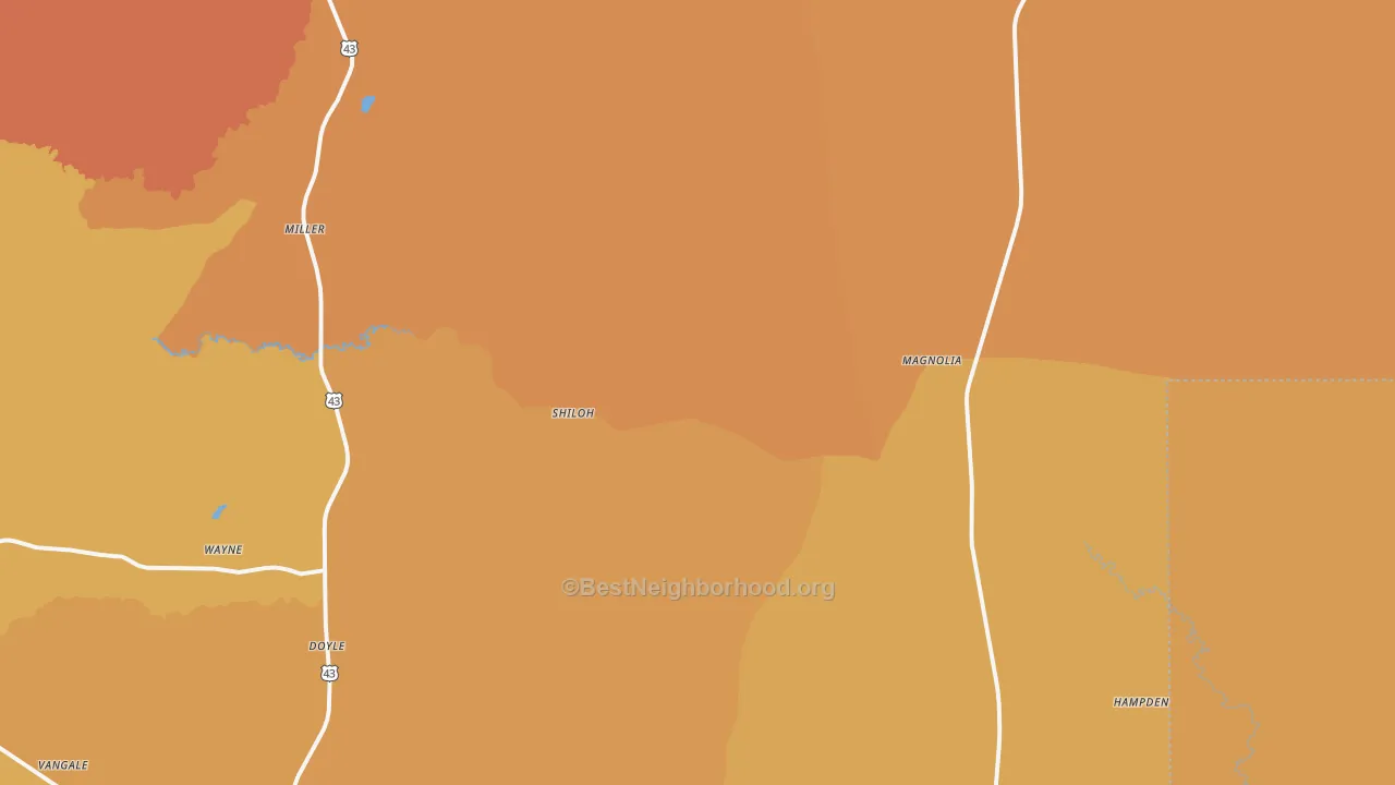 Map of the best neighborhoods in the Magnolia area, with better matches in green and worse matches in red