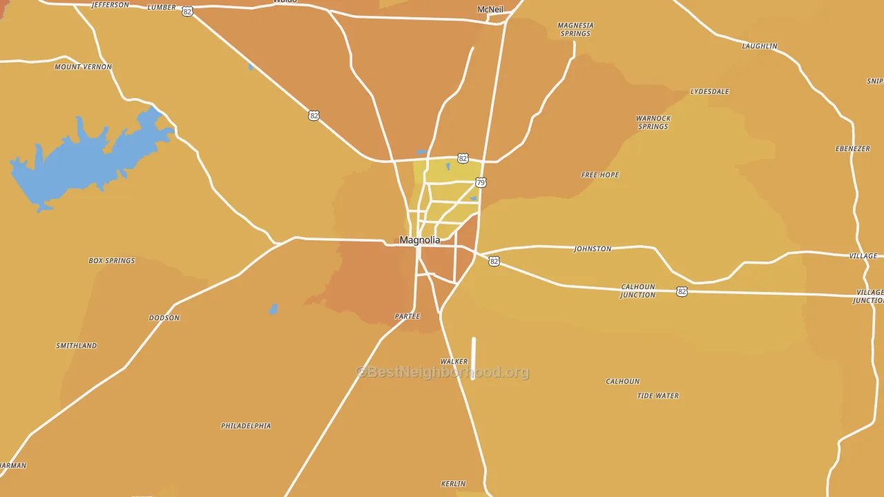 Map of the best neighborhoods in the Magnolia area, with better matches in green and worse matches in red