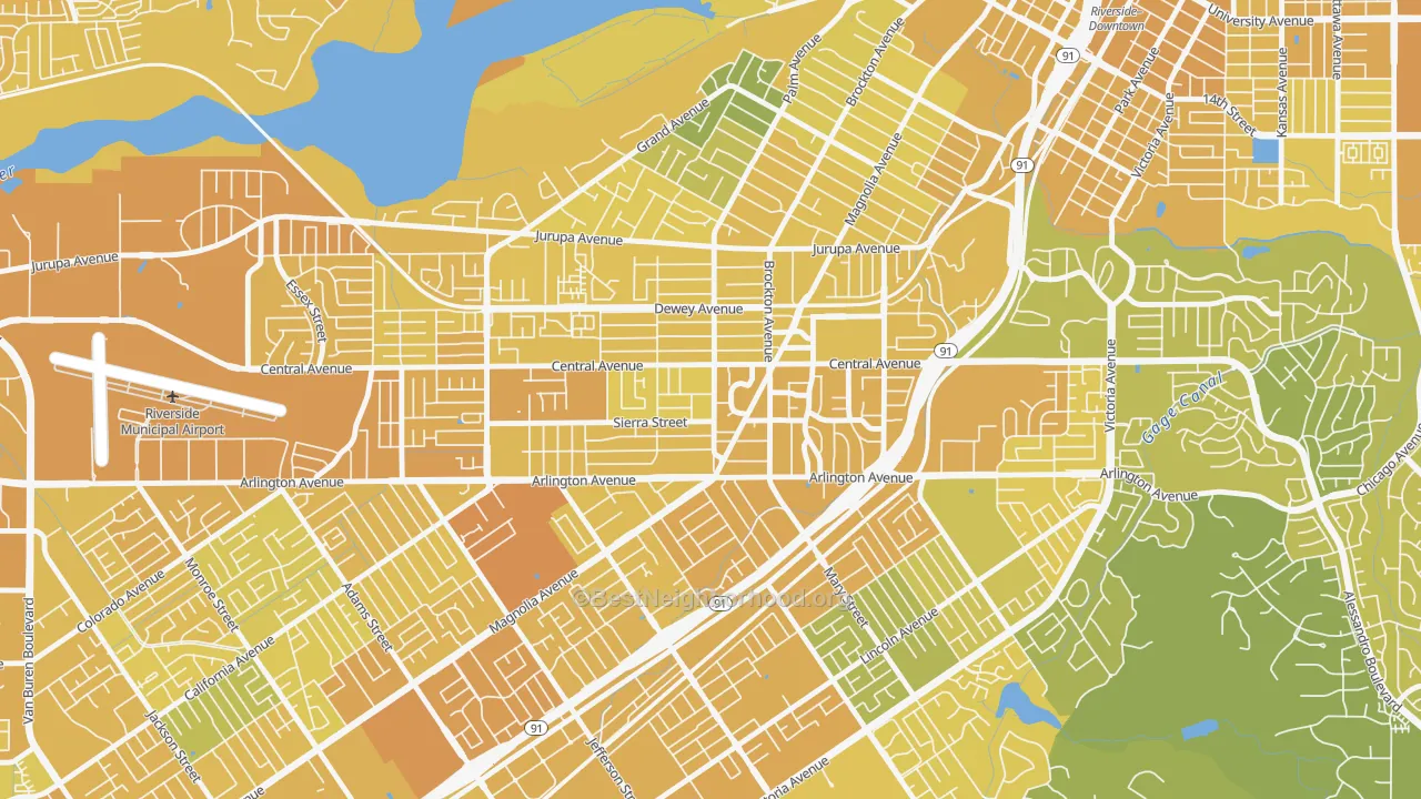 Map of the best neighborhoods in the Magnolia Center, Riverside area, with better matches in green and worse matches in red