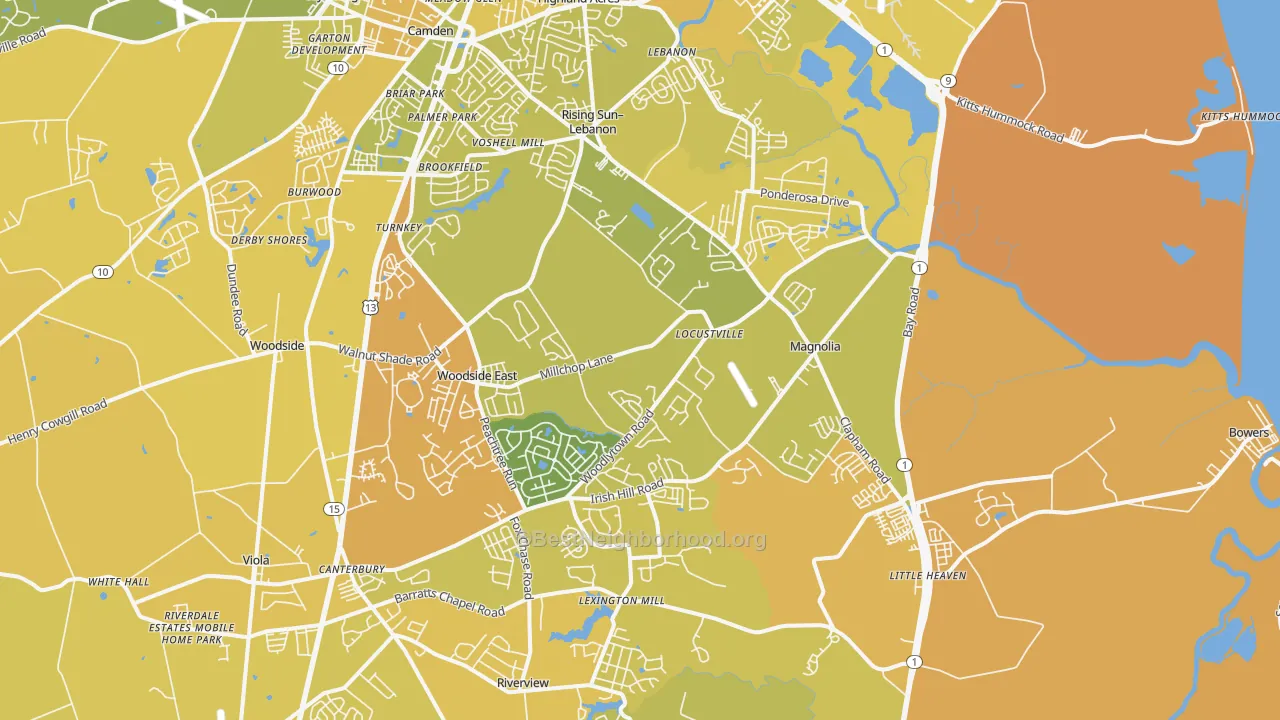 Map of the best neighborhoods in the Magnolia area, with better matches in green and worse matches in red