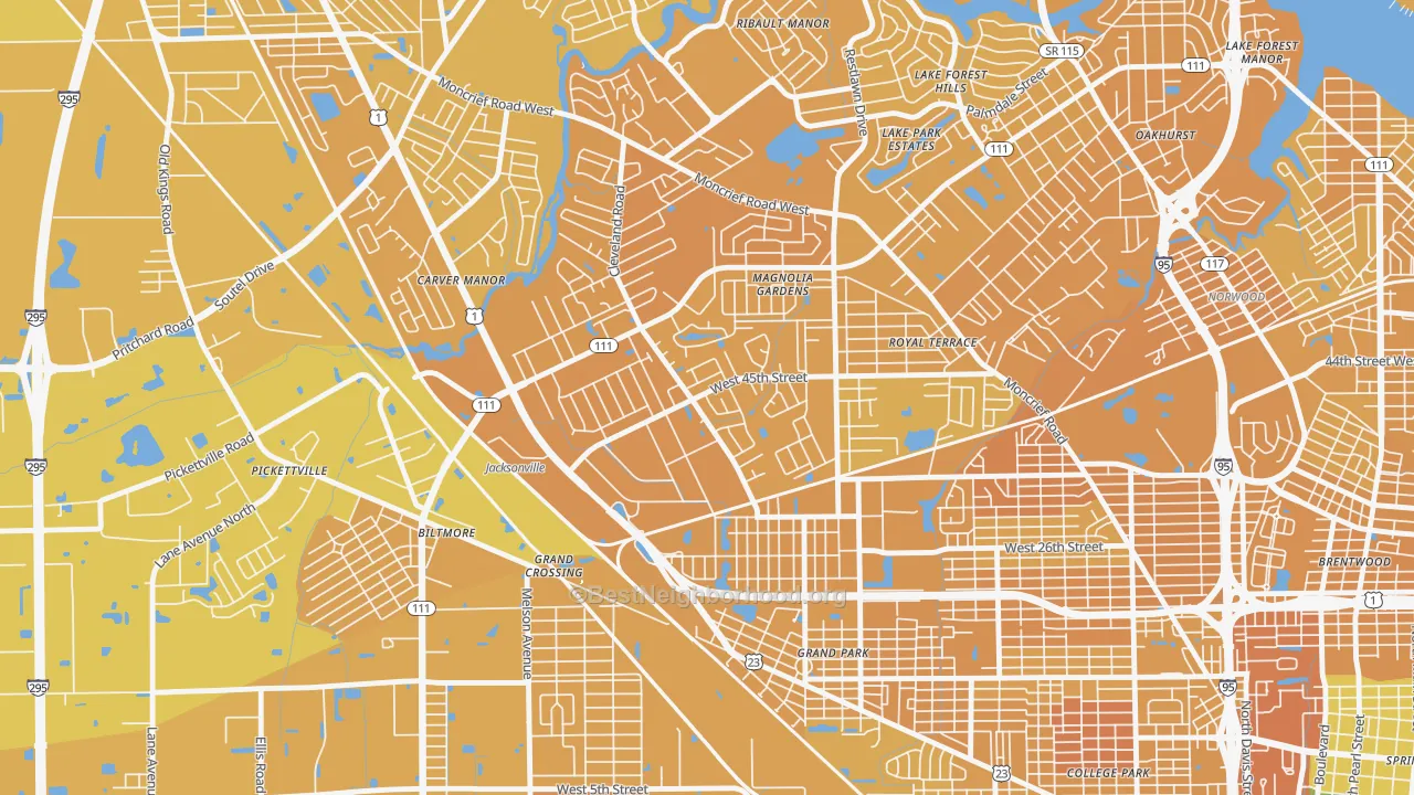 Map of the best neighborhoods in the Magnolia Gardens, Jacksonville area, with better matches in green and worse matches in red
