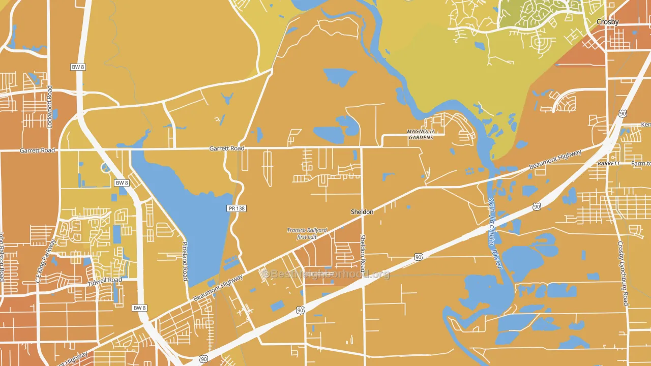 Map of the best neighborhoods in the Magnolia Gardens area, with better matches in green and worse matches in red