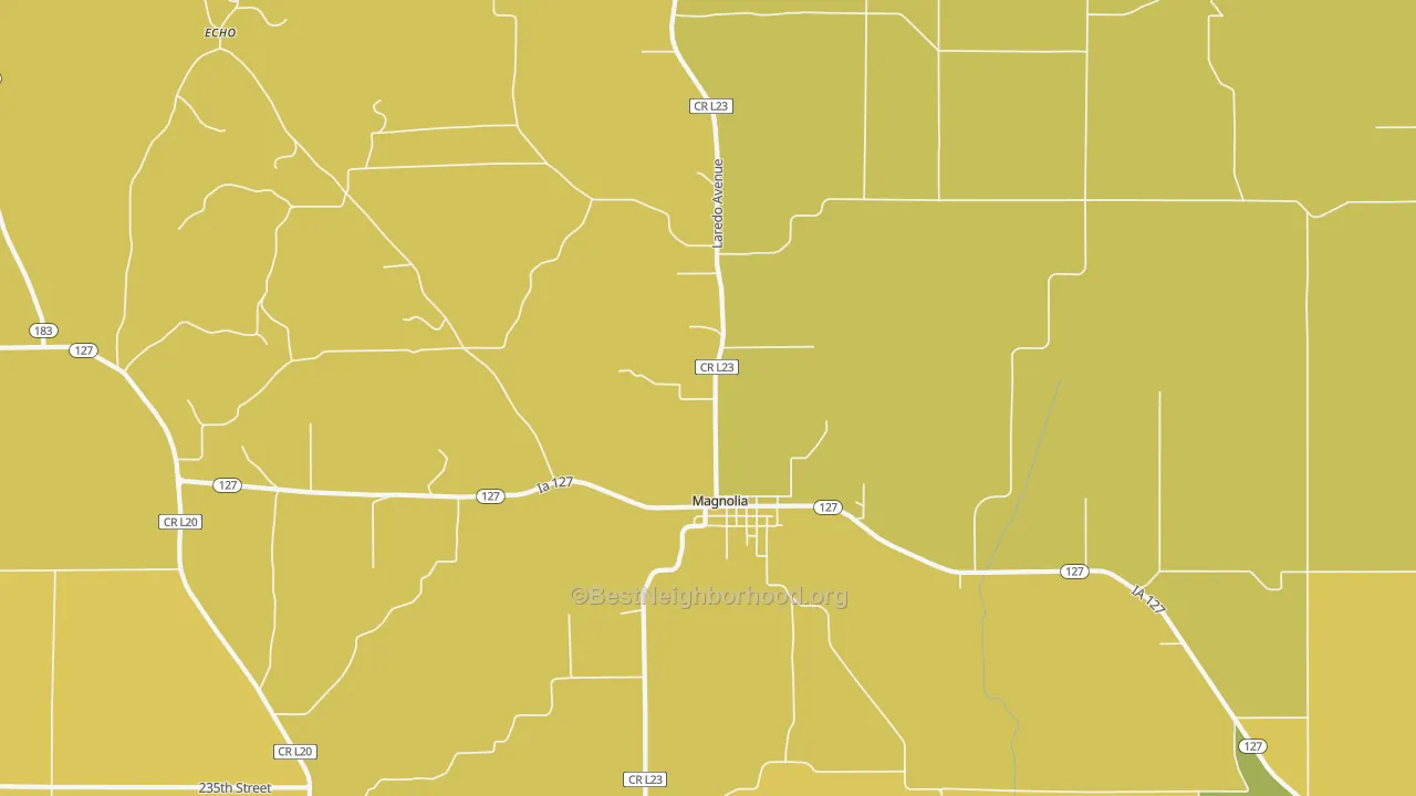 Map of the best neighborhoods in the Magnolia area, with better matches in green and worse matches in red