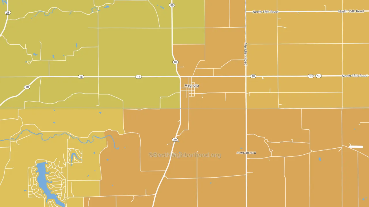 Map of the best neighborhoods in the Magnolia area, with better matches in green and worse matches in red