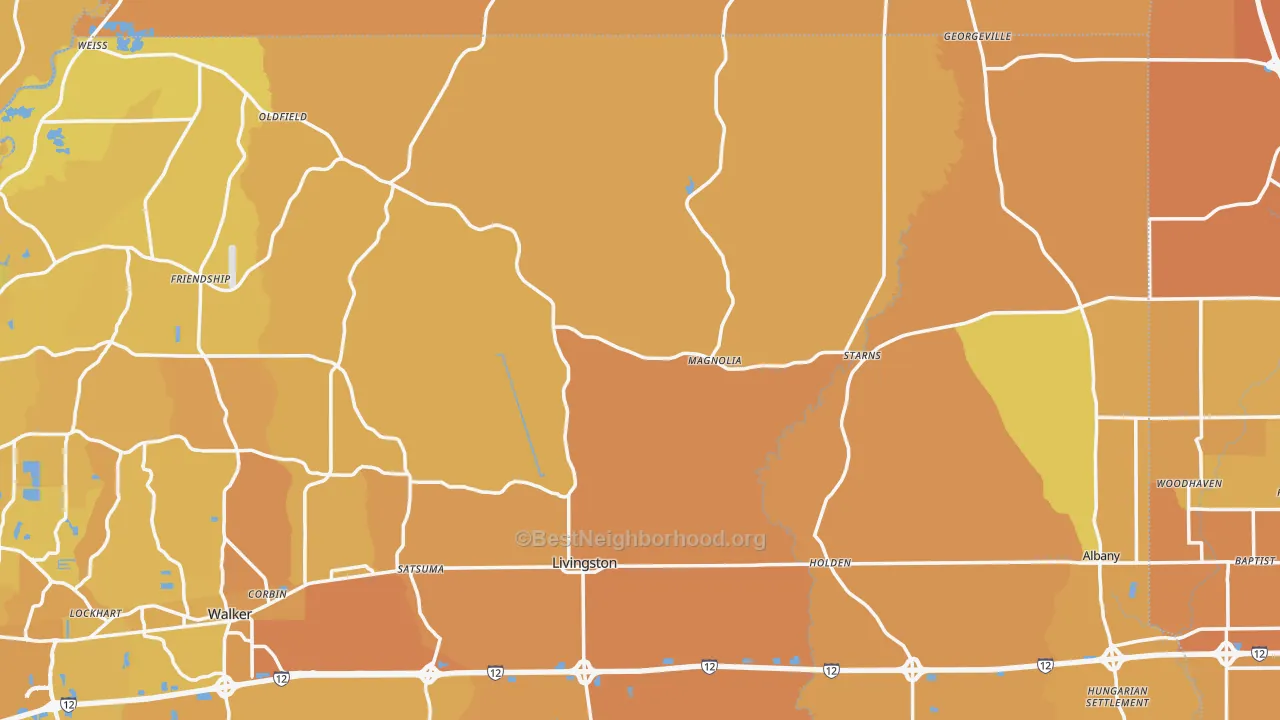 Map of the best neighborhoods in the Magnolia area, with better matches in green and worse matches in red