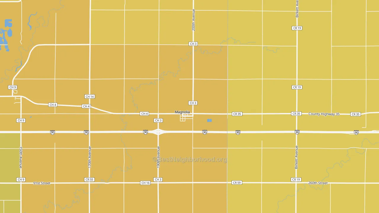Map of the best neighborhoods in the Magnolia area, with better matches in green and worse matches in red