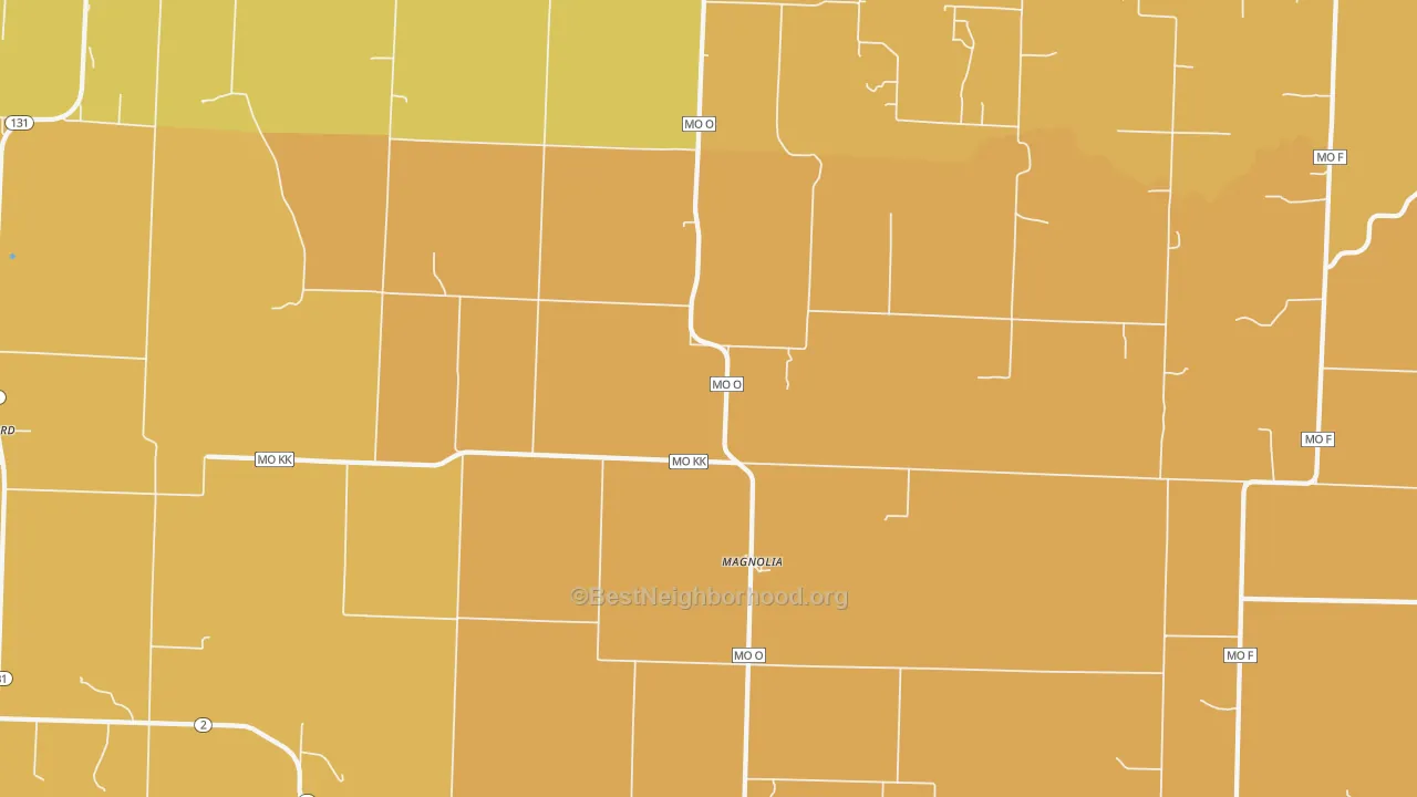 Map of the best neighborhoods in the Magnolia area, with better matches in green and worse matches in red