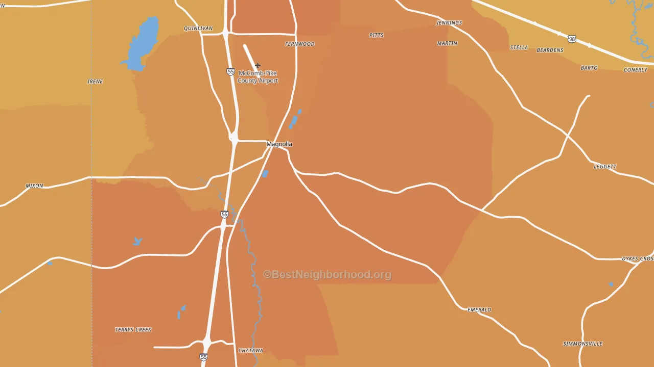 Map of the best neighborhoods in the Magnolia area, with better matches in green and worse matches in red