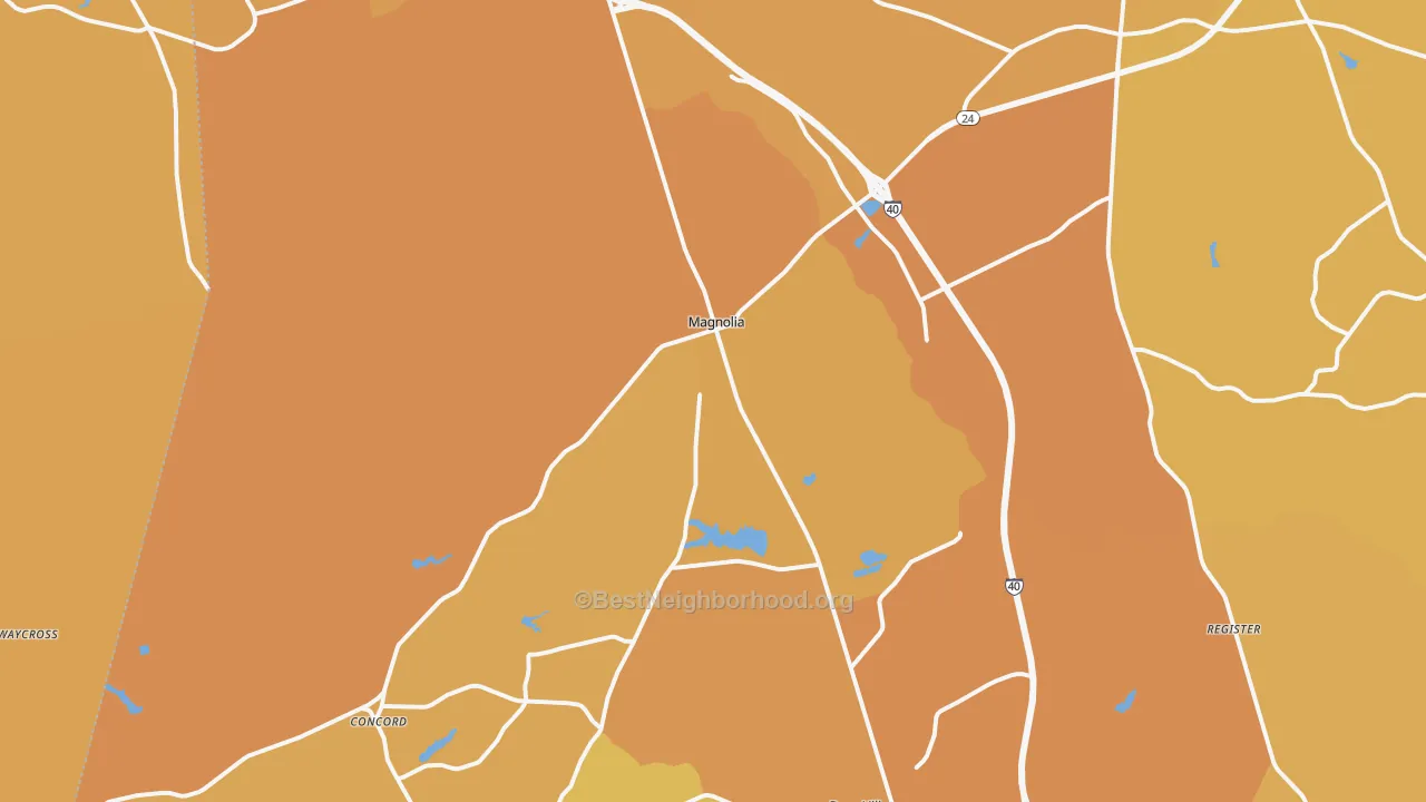 Map of the best neighborhoods in the Magnolia area, with better matches in green and worse matches in red