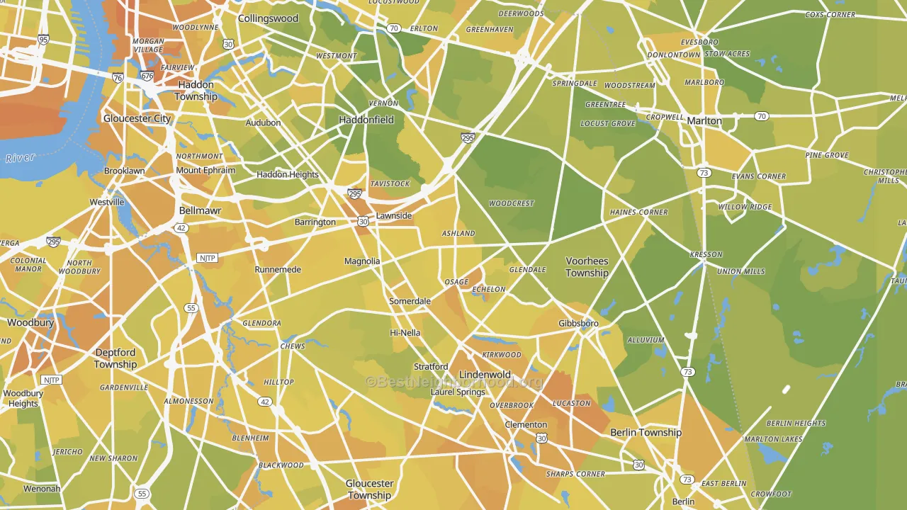 Map of the best neighborhoods in the Magnolia area, with better matches in green and worse matches in red