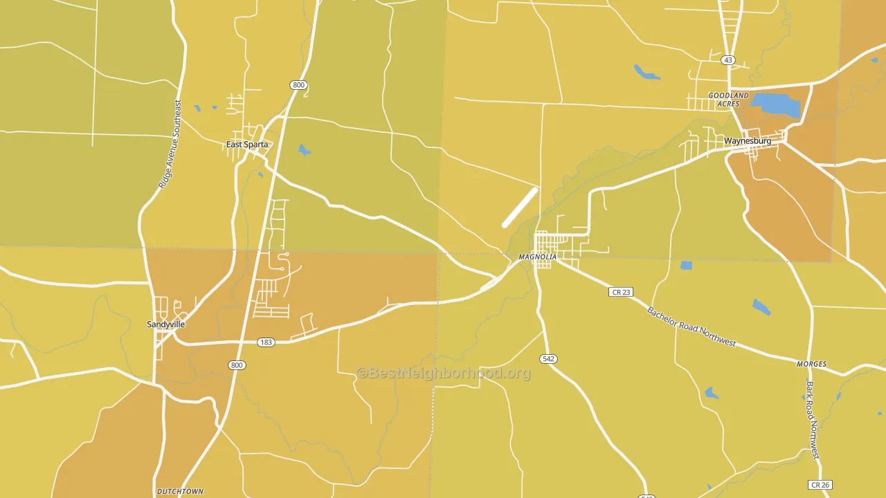 Map of the best neighborhoods in the Magnolia area, with better matches in green and worse matches in red