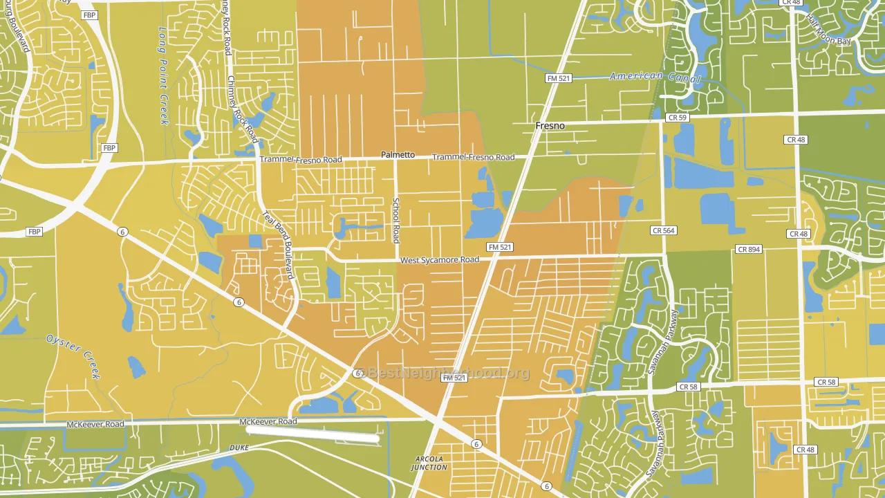 Map of the best neighborhoods in the Magnolia Place, Fresno area, with better matches in green and worse matches in red