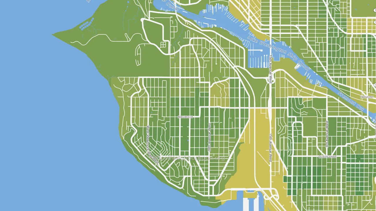 Map of the best neighborhoods in the Magnolia, Seattle area, with better matches in green and worse matches in red
