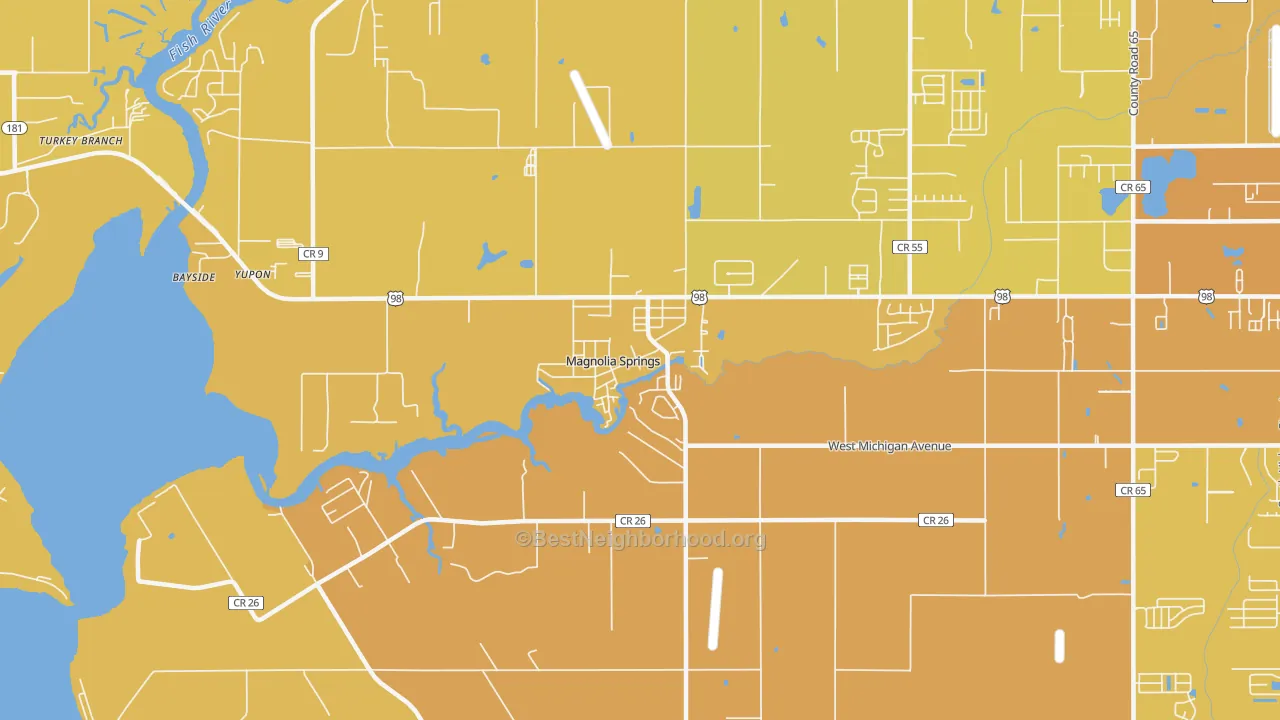 Map of the best neighborhoods in the Magnolia Springs area, with better matches in green and worse matches in red