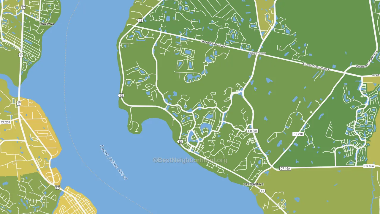 Map of the best neighborhoods in the Magnolia Springs area, with better matches in green and worse matches in red