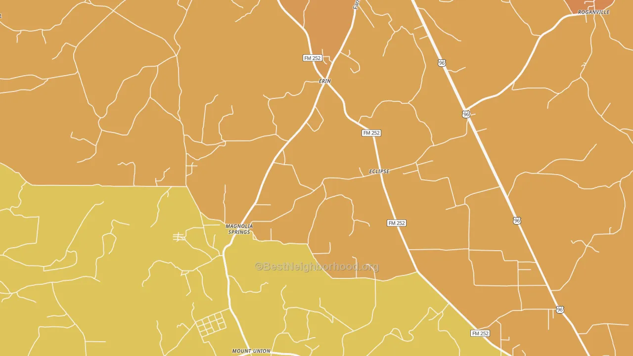 Map of the best neighborhoods in the Magnolia Springs area, with better matches in green and worse matches in red