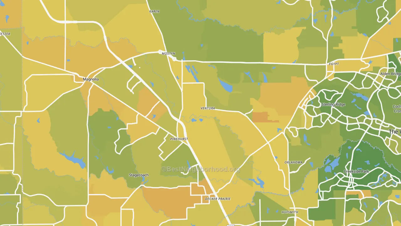 Map of the best neighborhoods in the Magnolia area, with better matches in green and worse matches in red