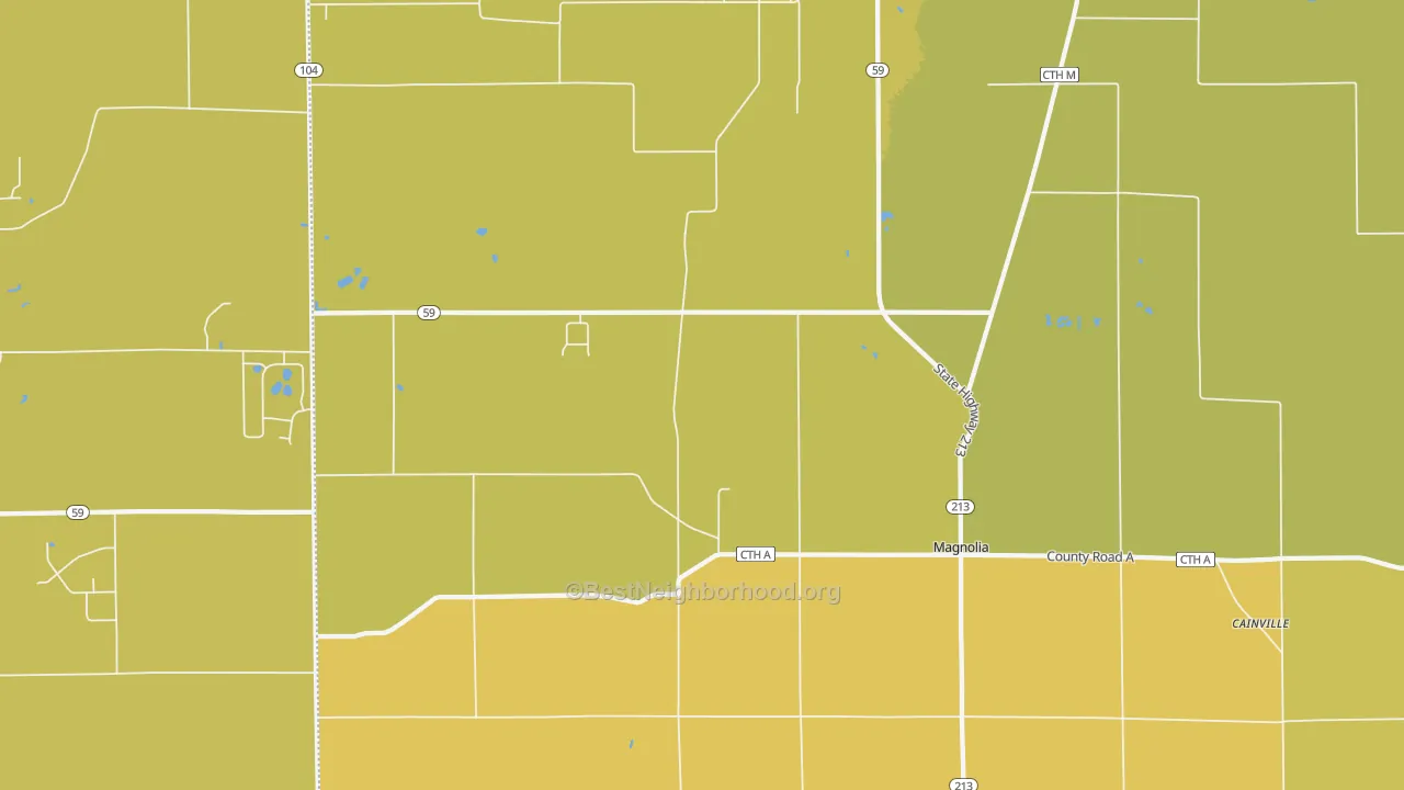 Map of the best neighborhoods in the Magnolia area, with better matches in green and worse matches in red