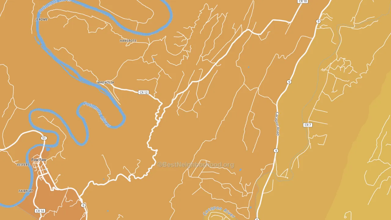 Map of the best neighborhoods in the Magnolia area, with better matches in green and worse matches in red