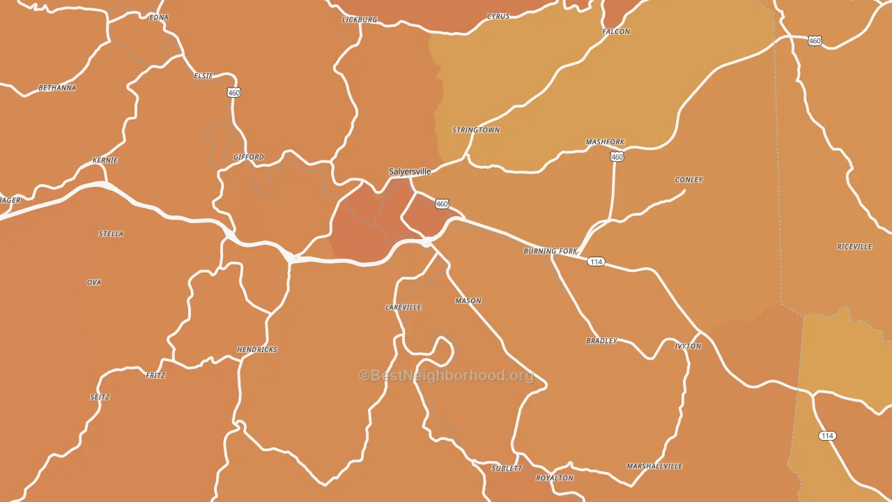 Map of the best neighborhoods in the Magoffin County area, with better matches in green and worse matches in red