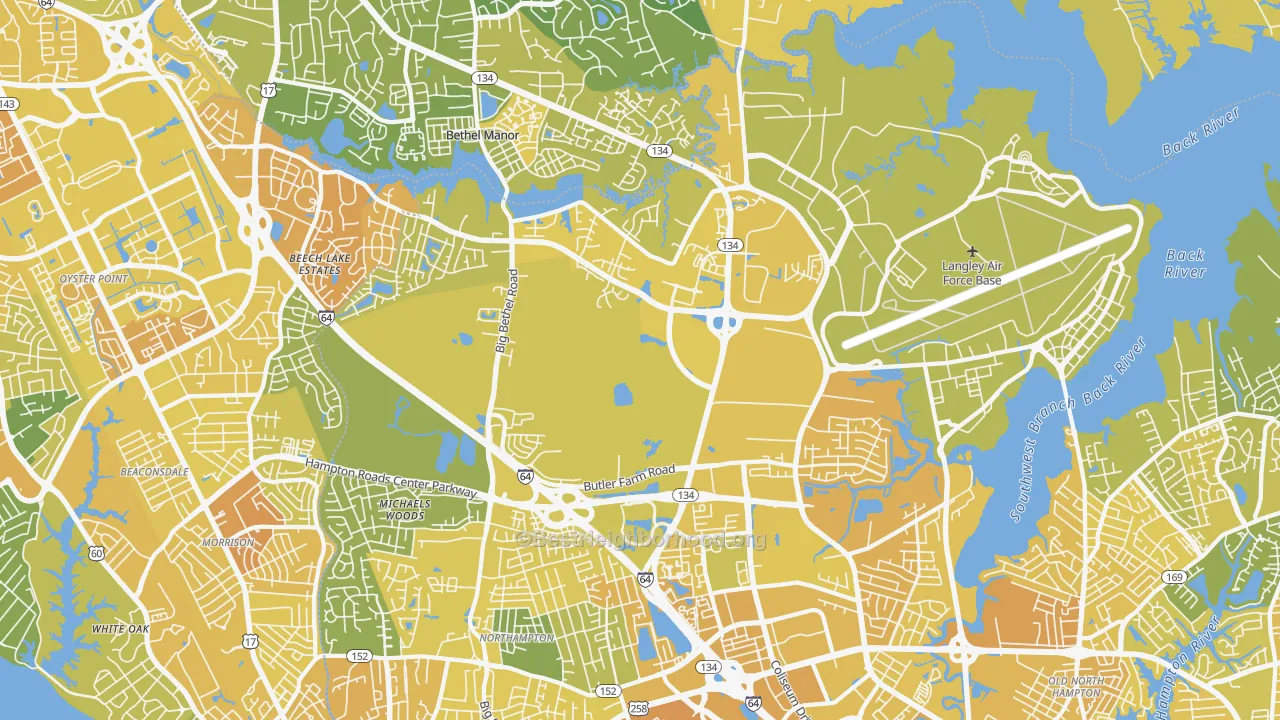 Map of the best neighborhoods in the Magruder, Hampton area, with better matches in green and worse matches in red