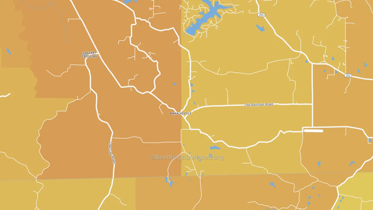 Map of the best neighborhoods in the Mahalasville area, with better matches in green and worse matches in red
