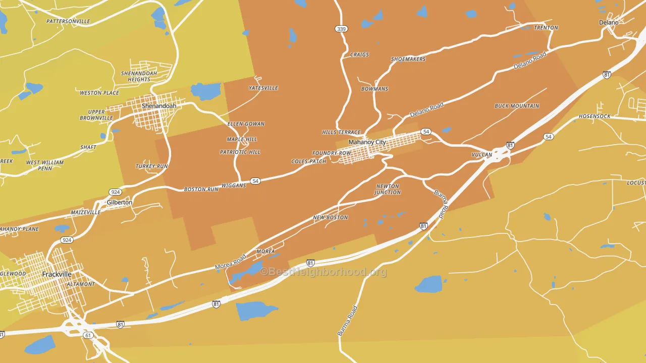 Map of the best neighborhoods in the Mahanoy City area, with better matches in green and worse matches in red