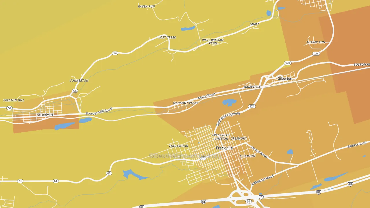 Map of the best neighborhoods in the Mahanoy Plane area, with better matches in green and worse matches in red