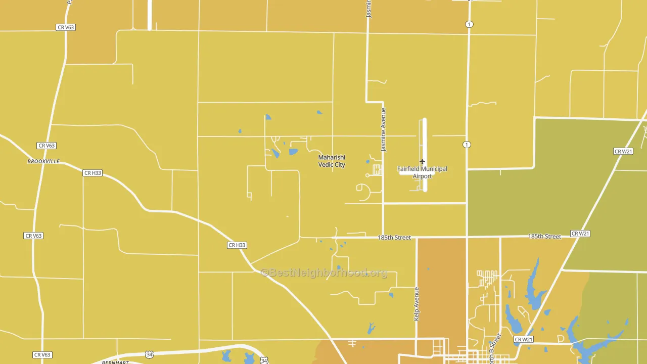 Map of the best neighborhoods in the Maharishi Vedic City area, with better matches in green and worse matches in red