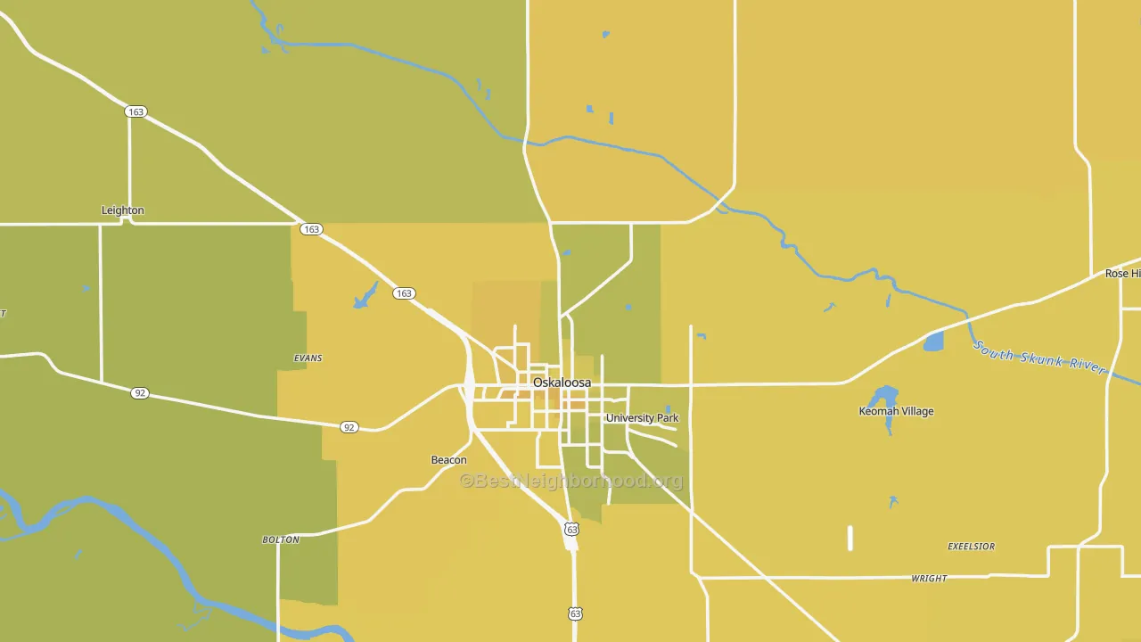 Map of the best neighborhoods in the Mahaska County area, with better matches in green and worse matches in red