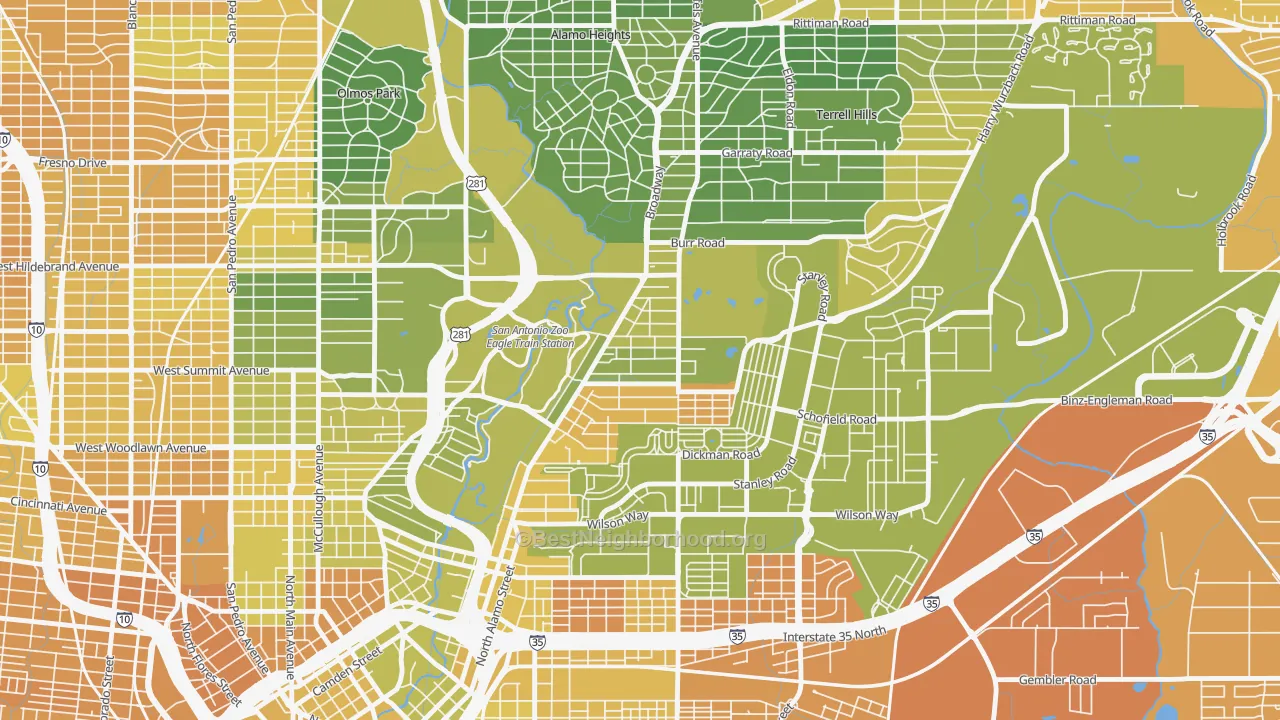 Map of the best neighborhoods in the Mahncke Park, San Antonio area, with better matches in green and worse matches in red