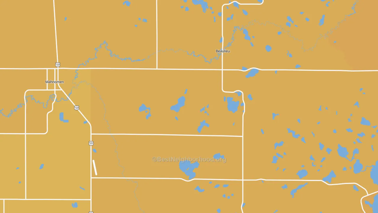 Map of the best neighborhoods in the Mahnomen County area, with better matches in green and worse matches in red