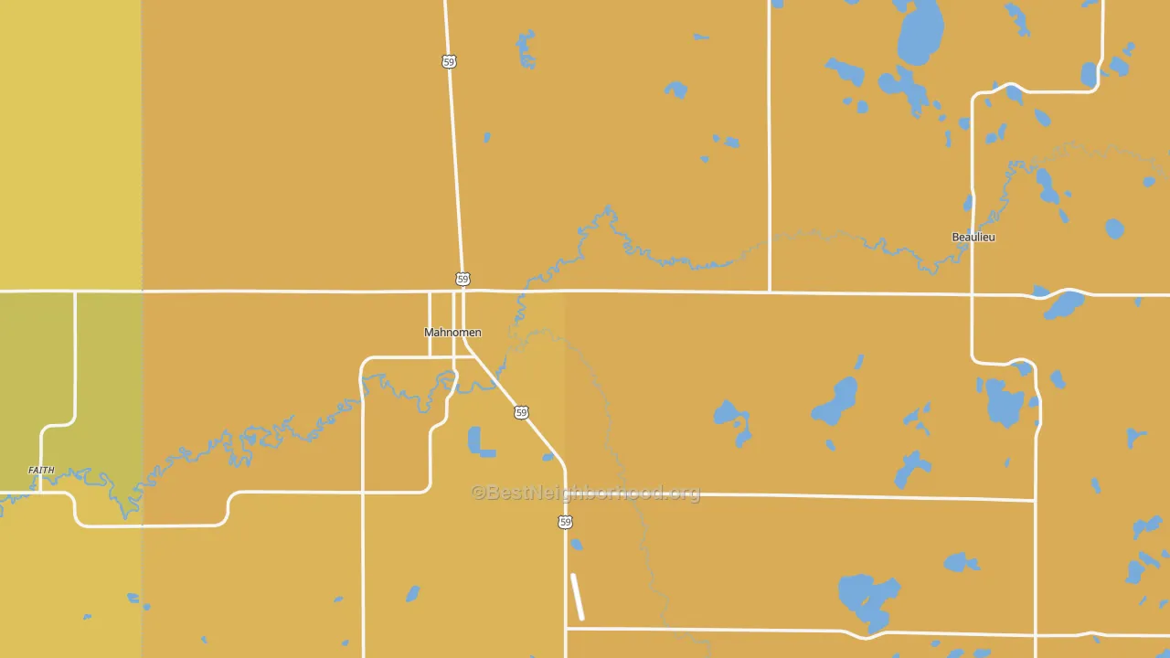 Map of the best neighborhoods in the Mahnomen area, with better matches in green and worse matches in red