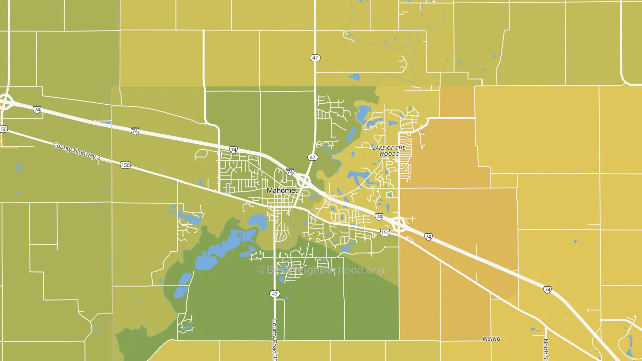 Map of the best neighborhoods in the Mahomet area, with better matches in green and worse matches in red