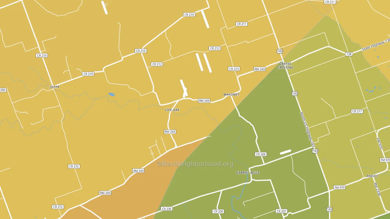 Map of the best neighborhoods in the Mahomet area, with better matches in green and worse matches in red