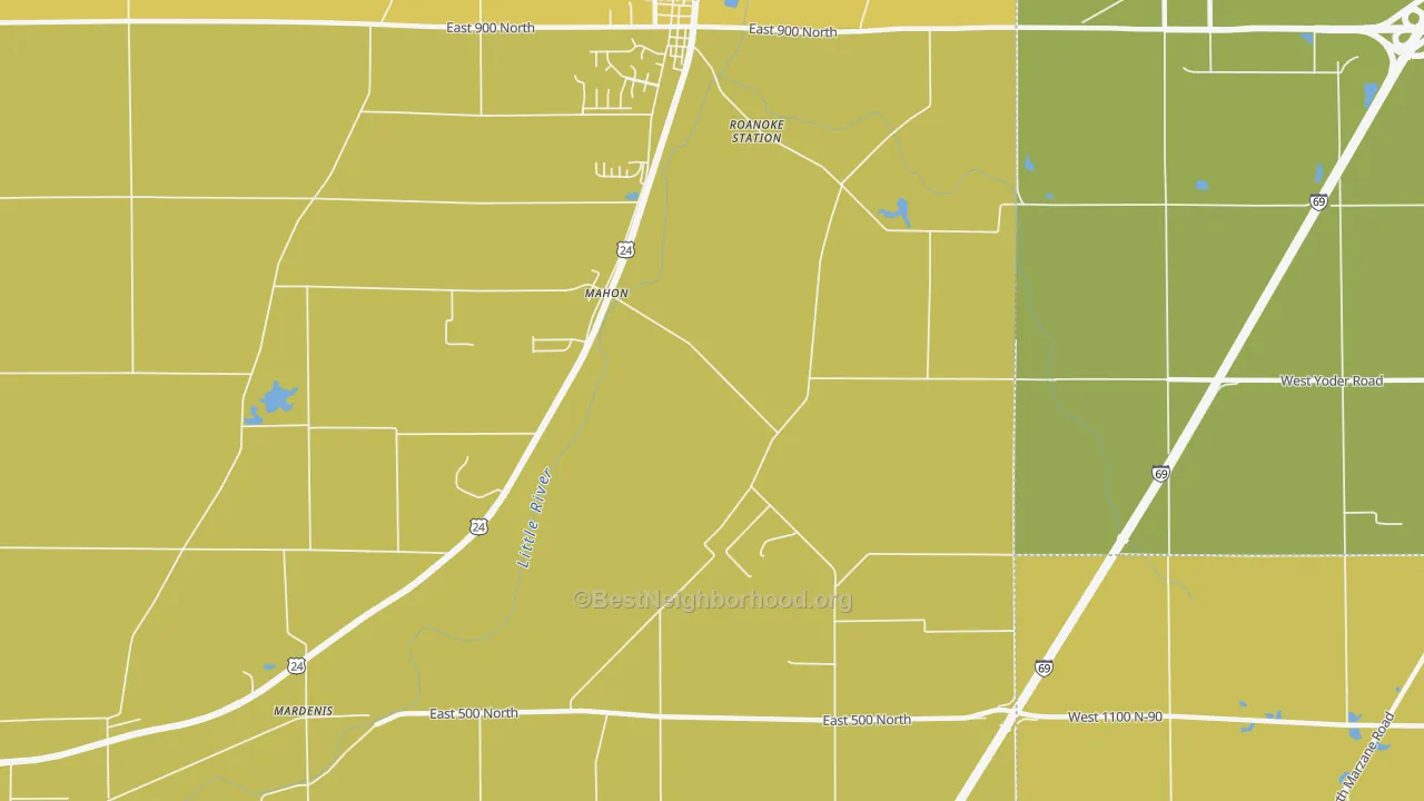 Map of the best neighborhoods in the Mahon area, with better matches in green and worse matches in red