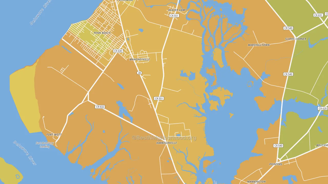 Map of the best neighborhoods in the Mahoneyville area, with better matches in green and worse matches in red
